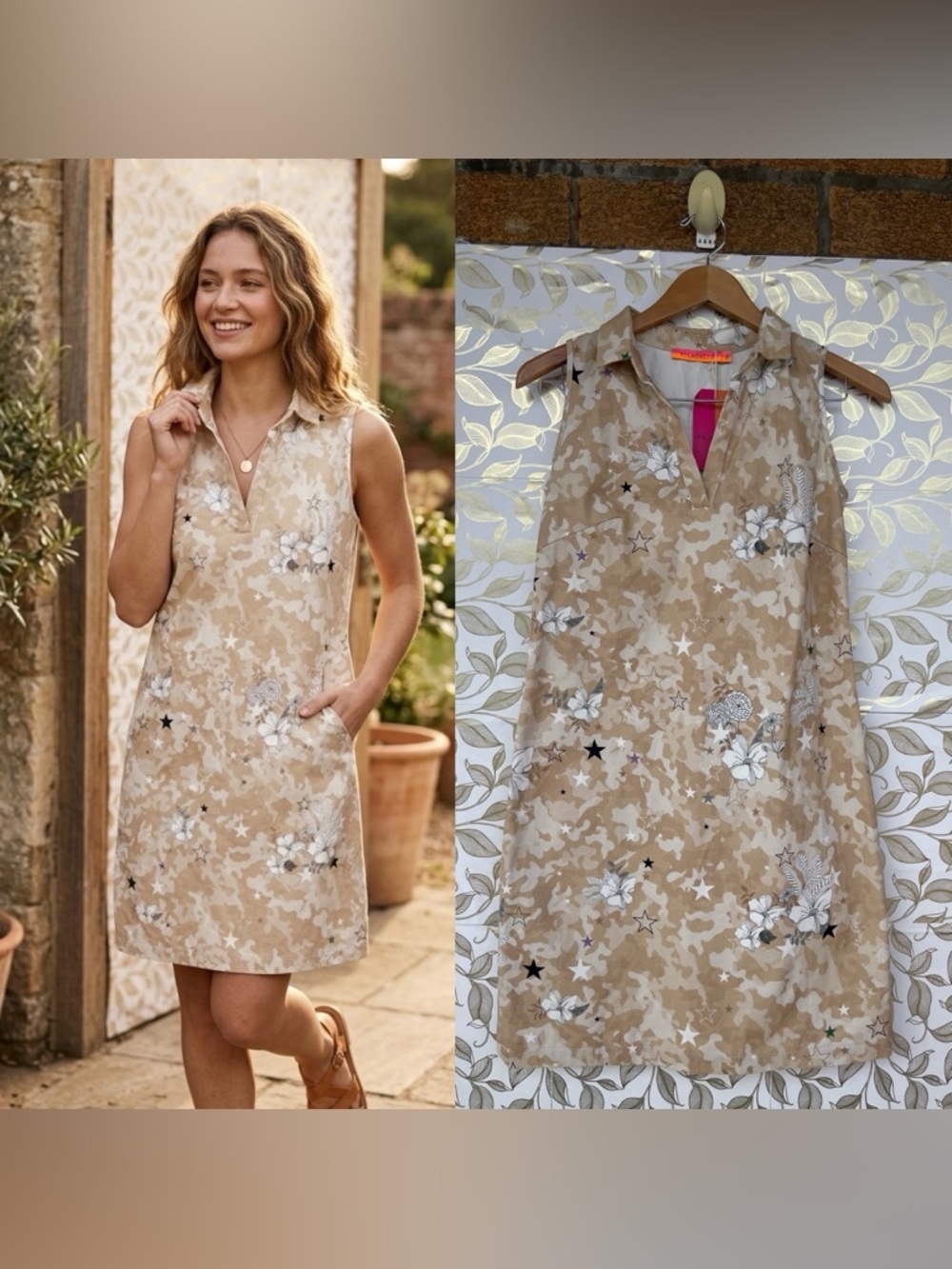 Vilagallo Beige Floral Star-Print Sleeveless Shift Dress